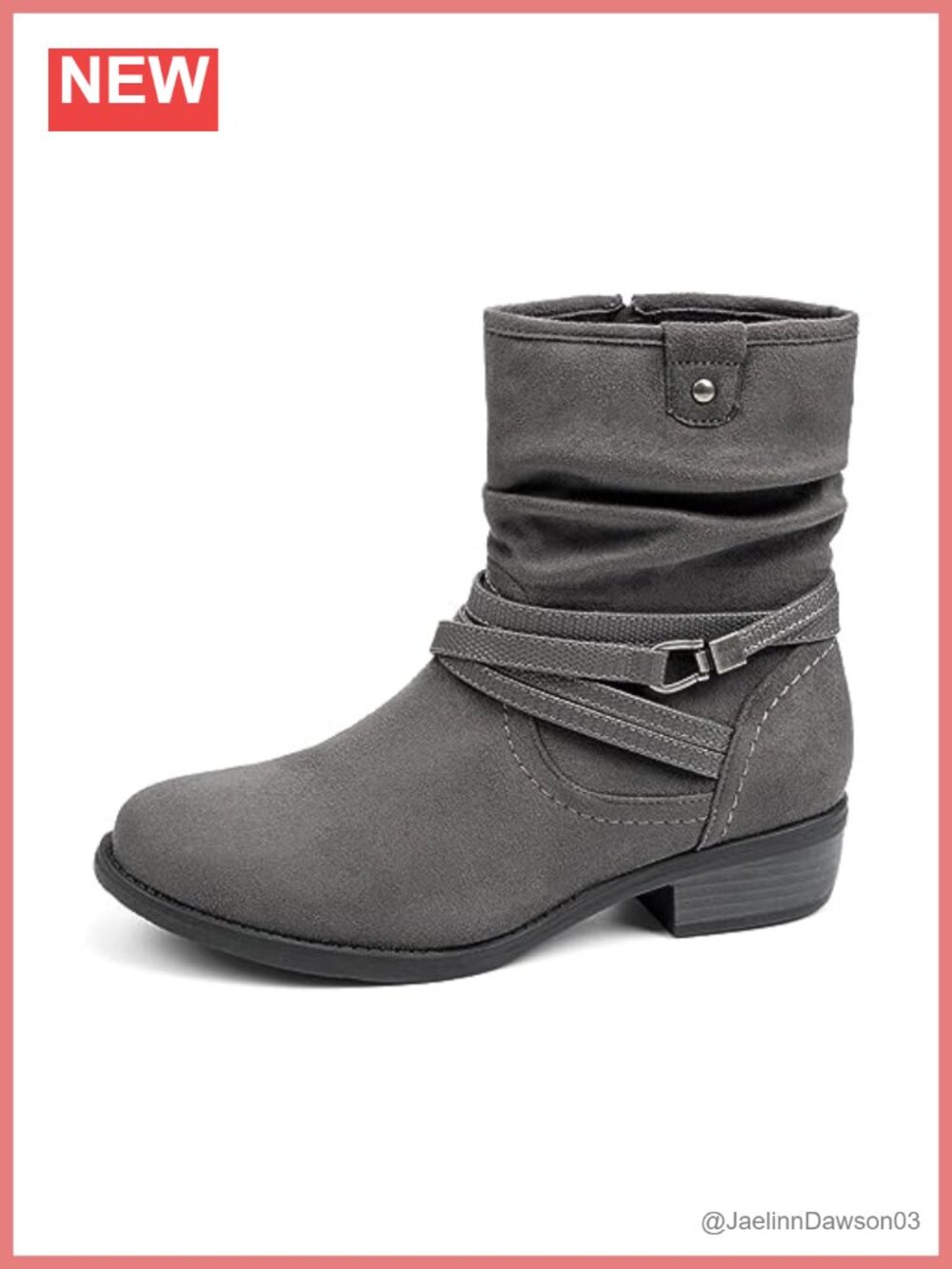 Faux Suede Slouchy Mid Calf Boot Side Zip Buckle Strap Round Toe